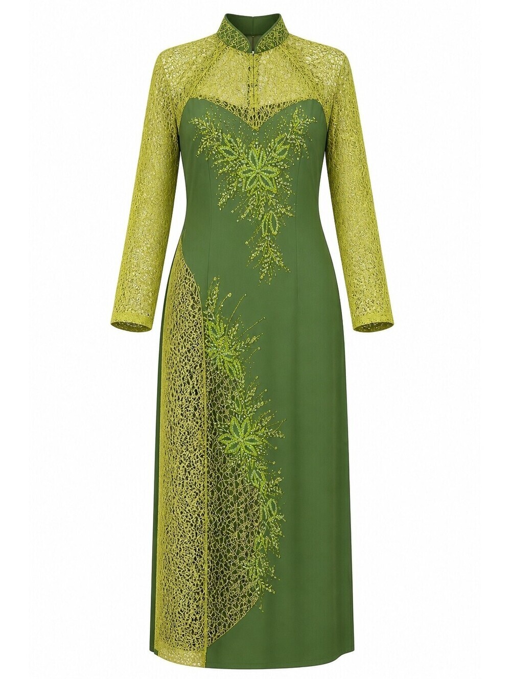 Vietnamese Ao Dai Green Chiffon Beaded Embroidered Dress Size XS